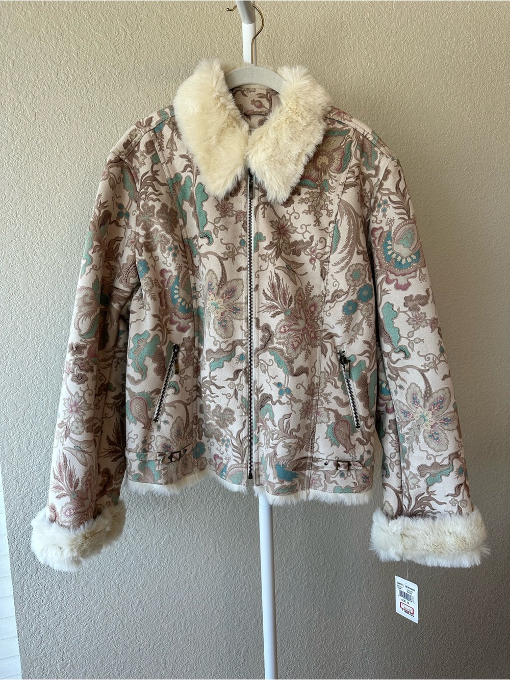 Vintage DB sport paisley floral tapestry pattern faux fur sueded jacket XL NWT